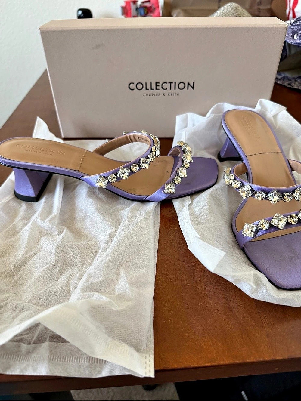 Charles & Keith Gem-Encrusted Sculptural Heel Mules Purple - Picture 2 of 2